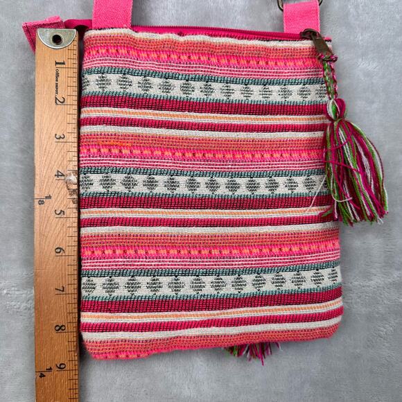 America And Beyond Crossbody Purse Pink Striped Embroidered Tassel Boho Festival - Picture 9 of 12